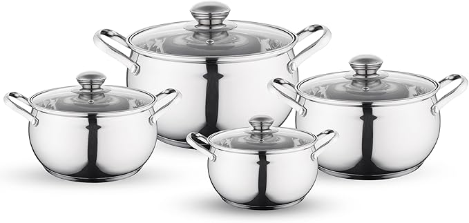 FLORINA Maron Cooking Pot Set 8-Piece Pot Set Made of High-Quality Stainless Steel Cooking Pots with Glass Lid and Measuring Cup Dishwasher Safe Ideal for Induction Hobs Gas Hobs Electric Hobs