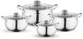 FLORINA Maron Cooking Pot Set 8-Piece Pot Set Made of High-Quality Stainless Steel Cooking Pots with Glass Lid and Measuring Cup Dishwasher Safe Ideal for Induction Hobs Gas Hobs Electric Hobs
