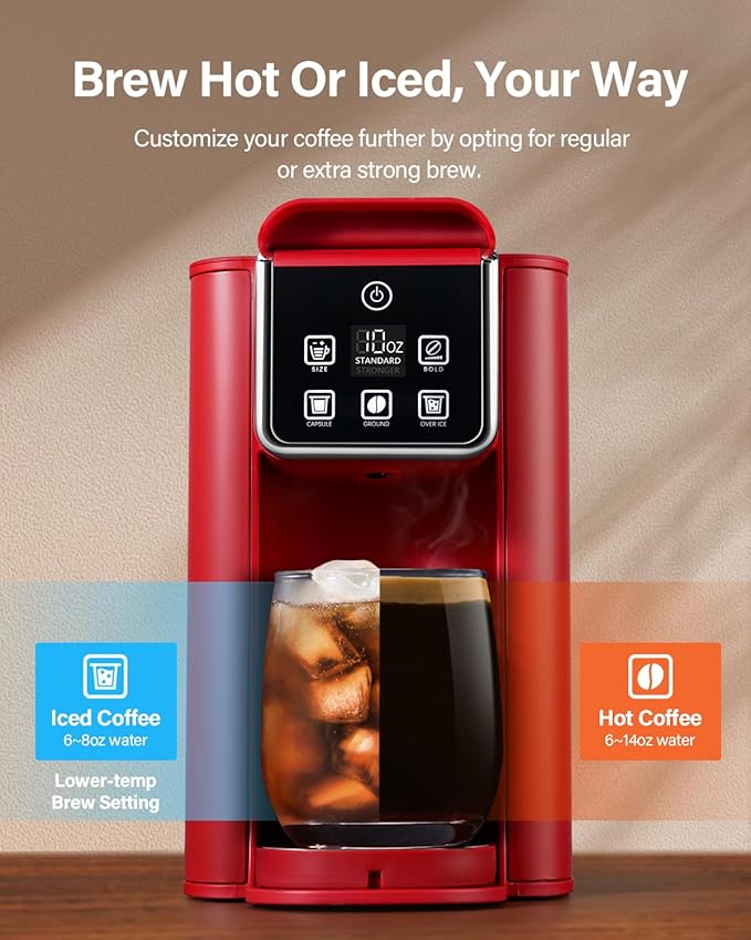 SHARDOR Single Serve Coffee Maker Hot and Iced Coffee Machine for K Cup Pods &amp Ground Coffee 6 to 14 oz Brew Sizes with 50 oz Removable Water Tank Bold Brew Setting Stainless Steel Red