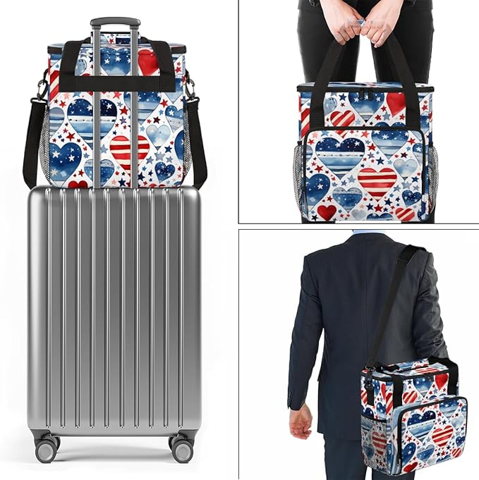 Patriotic Hearts 4th of July Coffee Maker Carrying Bag Travel Storage Bag Compatible with K-Mini or K-Mini Plus Single Serve Coffee Brewer Carrying Case with Multiple Pockets &amp Shoulder Strap