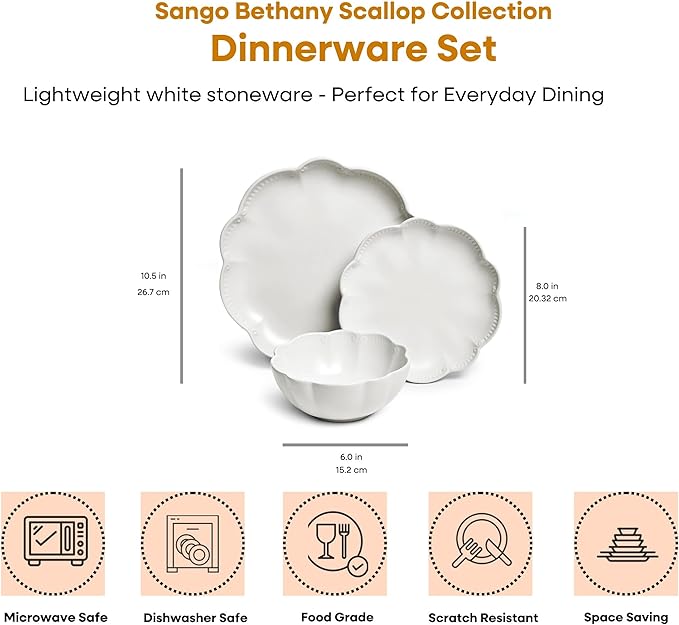 Sango Bethany 12 Pieces Scalloped White Plates &amp Bowls Set
