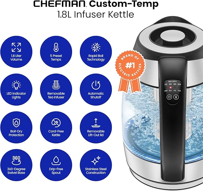 Chefman 2-Slice Digital Toaster Pop-Up Stainless Steel Extra-Wide Slots For Bagels Defrost &amp Electric Kettle with Temperature Control 5 Presets LED Indicator Lights