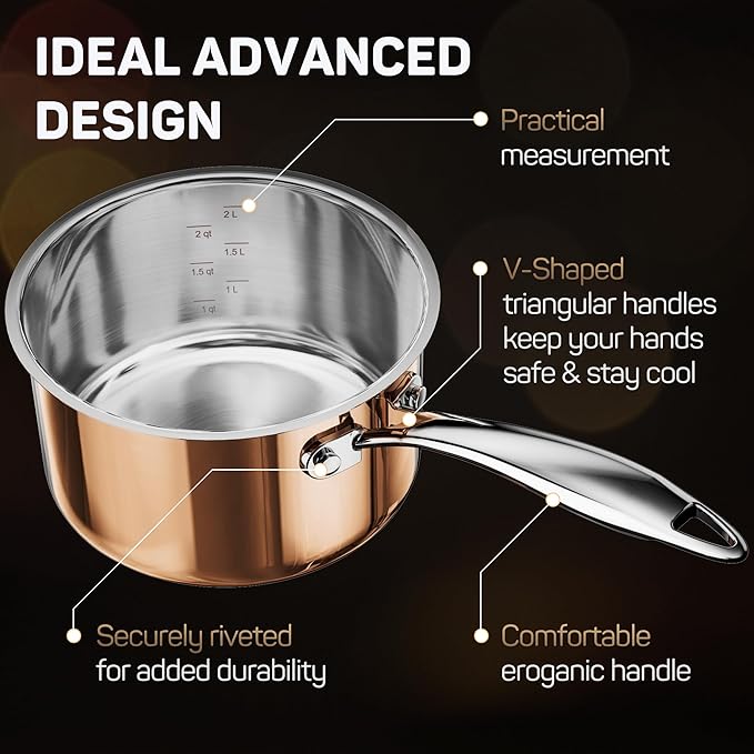 Whole Tri-ply 18/10 Stainless Steel Cookware Set 10 Pcs Elegant Copper Pots and Pans Set Induction Cookware Frying Pans Saucepans &amp Stock Pot with Lid Ideal Gift for Wedding Housewarming