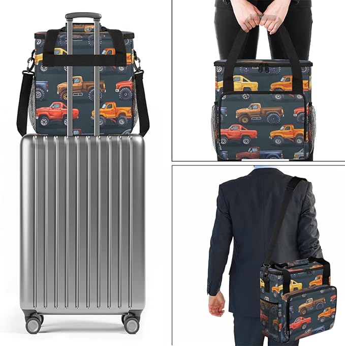 Trucks Theme Coffee Maker Travel Bag for Keurig K-Mini/K-Mini Plus Insulated Waterproof Tote with Pockets for K-Cup Portable Single-Serve Brewer Case