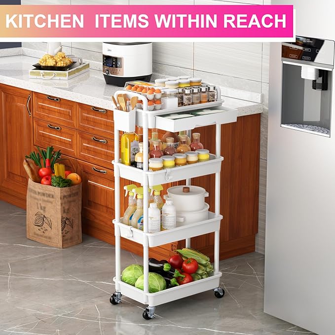 Goovilla 4 Tier Rolling Utility Cart Organizer with Removable Drawer Stable and Sturdy White Rolling Storage Carts with 2 Lockable Wheels for Bathroom Kitchen Snack Craft Makeup Baby Essentials