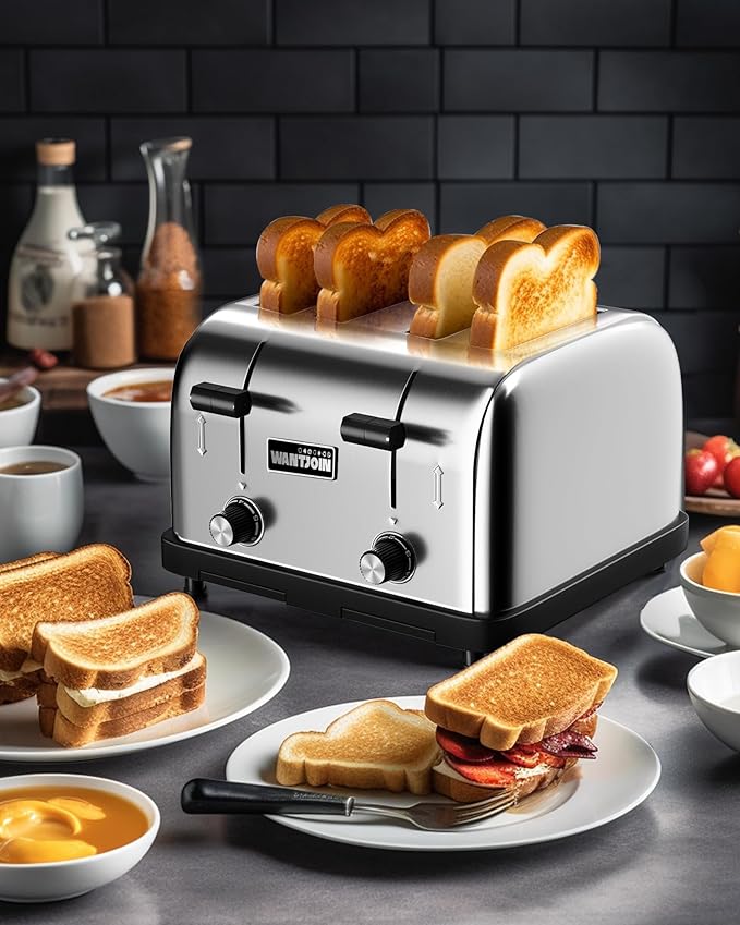 WantJoin Toaster Commercial 4 Slices- 225 Slices/Hour 1800W Pop Up Wide Slots 1.57 inch Stainless Steel 6-Level Setting with Removable Crumb Tray Bread Bagels Breakfast Restaurant