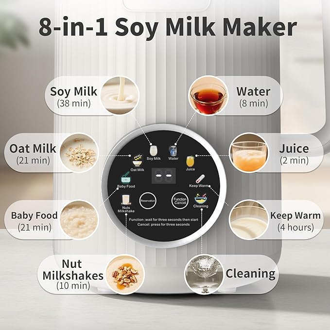 35oz Nut Milk Maker Machine: 8-in-1 Soy Milk Maker with Auto Clean &amp 20-Blade - Multi-Function Nut Milk Machine with Self-Cleaning Auto Shutoff for Vegan Drink (White)