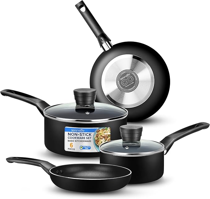 SereneLife 6-Piece Pots and Pans Set – Nonstick Cookware Black Coating Heat-Resistant Dishwasher safe Includes Fry Pans Saucepans with Lids Color Black