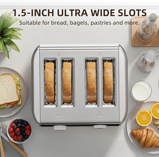 4 Slice Toaster 6 Browning Settings Removable Crumb Tray Stainless Steel Bread Toaster for Bagels Muffins Waffles Defrost Cancel Button 120V 1800W