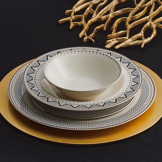 Karaca Globe 24-Piece Dinnerware Set for 6 People - Kitchen Dish Set for Salad Soup Pasta Noodle &amp More - Modern Chic Porcelain Dishware Plate Set (White with Black Triangle Design)