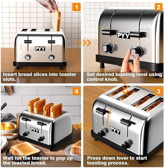 PYY Toaster Commercial 4 Slices- 225 Slices/Hour 1800W Pop Up Wide Slots 1.57 inch Stainless Steel 6-Level Setting
