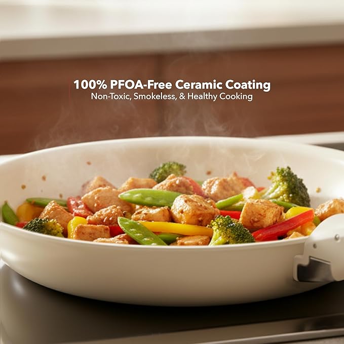 OVENTE 5Pcs Ceramic Pots and Pans Set Non Stick Induction Cookware with Lid Detachable Handle Non-toxic Kitchen Sauce Pots for Home or RV PFOA Free Stackable and Dishwasher Safe Cream CWAD01005C