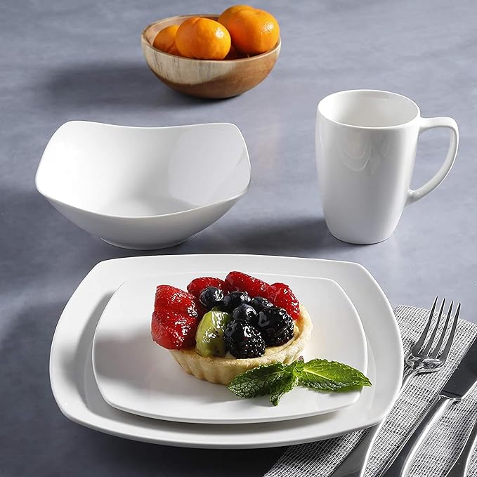 Gibson Home 102539.16RM Classic Porcelain Zen Buffet 16 Piece Square Dinnerware Set with Multi Sized Plates Bowls and Mugs White (2 Pack)