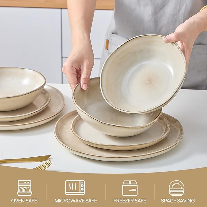 Bestone 12 Piece Round Kitchen Dinnerware SetsPlates and Bowls setsDishes Plates Bowls Dish Set Chip Resistant Ceramic Dinnerware Set Dishwasher/Microwave SafeService for 4Brown