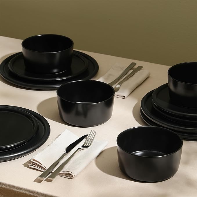 Stone Lain Eden 12-Piece Dinnerware Set Stoneware Plates and Bowls Set Dishwasher and Microwave Safe Dish Dish Set for 4 Black