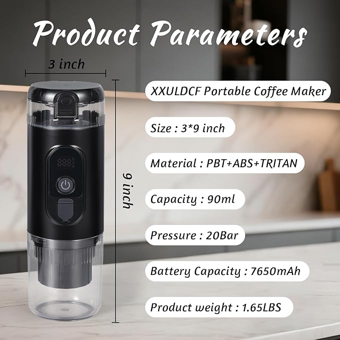 Portable Espresso MakerElectric Travel Coffee Machine with Self-Heating and 20 Bar Pressure USB-C Rechargeable Smart Display 2-in-1 Capsule and Ground Compatible for Camping RV Car and Office