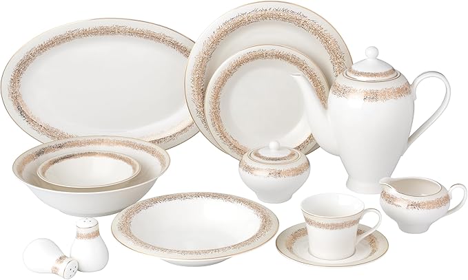 Lorren Home Trends Bone China Dinnerware Set White with Gold Trim Pattern Service for 8 Complete 57-Piece Dining Collection