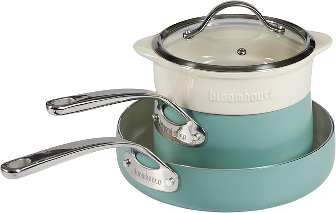Bloomhouse 4-Piece Heavy-Gauge Aluminum Pots and Pans Cookware Set w/Non-Stick Non-Toxic Ceramic Interior and Ceramic Steamer Insert Sage Green