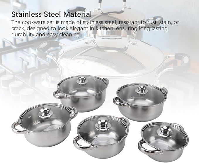 HEEPDD 5 Piece Stainless Steel Cookware Set Pots and Pans with Glass Lids Dishwasher Safe for Kitchen Home Cooking Soup Sauce Stockpot Induction Compatible