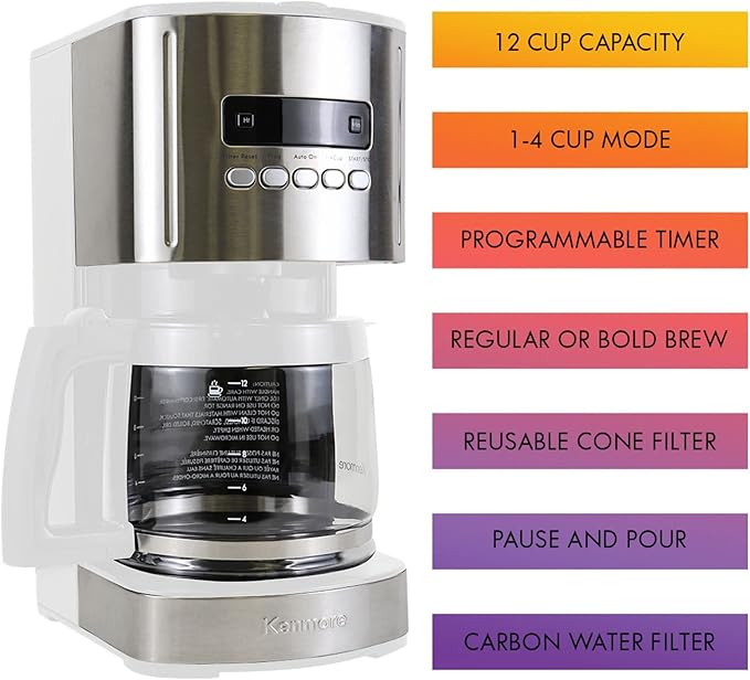 Kenmore drip Coffee Maker - 12 Cup programmable cafe machine with glass pot regular &amp bold brew auto shut off large water reservoir reusable filter kitchen appliances for cafeteria barista Wh