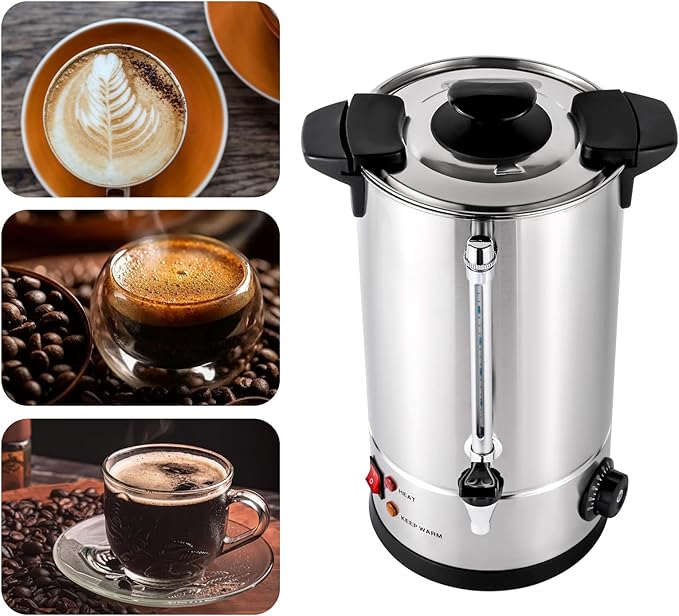 Stainless Steel Commercial Coffee Urn 60-Cup 10L Percolator Coffee Maker Hot Water Urn - Quick Brew Double-Wall Insulation Keep-Warm Function for Events Catering (10L/2.64gal)