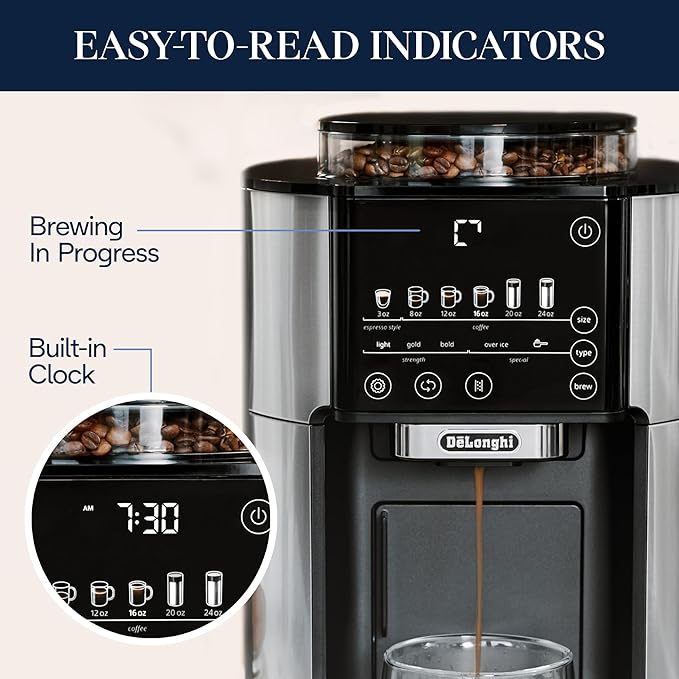 De'Longhi True Brew Drip Coffee Maker Built in Grinder Single Serve 8 oz to 24 oz Hot or Iced Coffee Stainless CAM51025MB