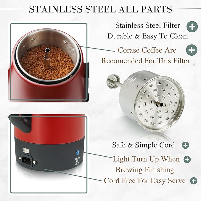 Moss &amp Stone Electric Coffee Percolator Red Body with Stainless Steel Lid Coffee Maker Percolator Electric Pot Red Camping Coffee Pot 10 Cups Bundle With Set of 4 Double Wall Glass Cup Clear Mu