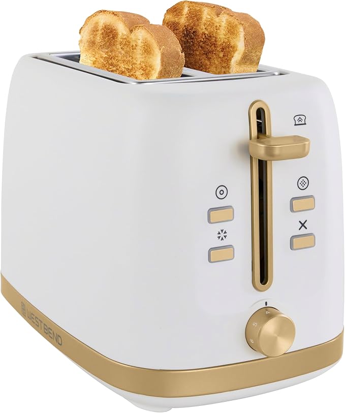 West Bend Timeless 2-Slice Toaster with 7 Browning Levels Bagel/Waffle/Defrost Settings High-Lift Lever Anti-Jam Easy-Clean Crumb Tray 2-Slice White/Gold