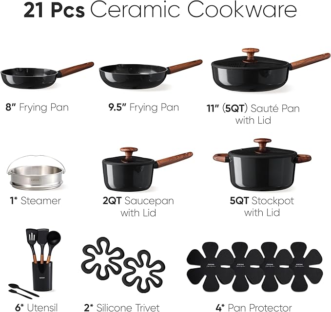 CAROTE 21pcs Cookware Set Nonstick Pots and Pans Set Ceramic Cookware Set Induction Cookware Non toxic Healthy Non Stick Kitchen Cooking Set PFAS PTFE Free Black