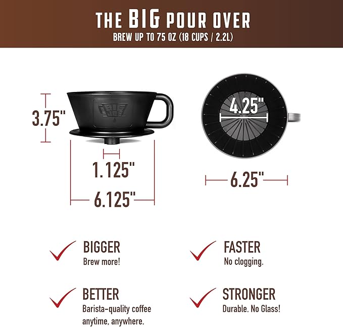 BIG JOE® Large Pour Over Coffee Maker w/ 50 Filters Brews from 12 up to 75 Ounces Fits Any Drinkware Dishwasher Safe Made in USA