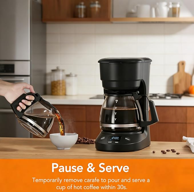Compact 5-Cup Programmable Drip Coffee Maker — the essential coffee machine with Digital Clock 24-hour Timer Auto Shut-Off and a Removable Filter Basket for Home &amp Office.