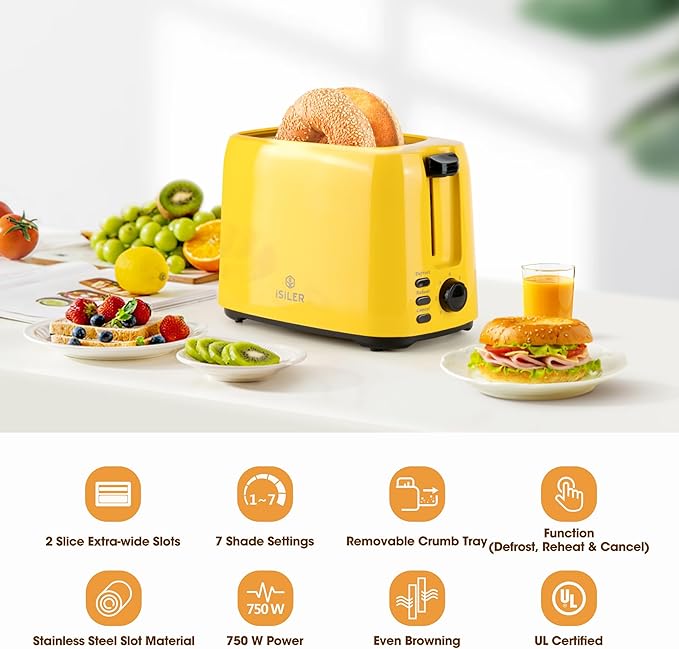 iSiLER 2 Slice Toaster 1.3 Inches Wide Slot for Bagels and Special Breads 7 Browning Settings and Double Side Baking Removable Crumb Tray Defrost Reheat Cancel Function Yellow