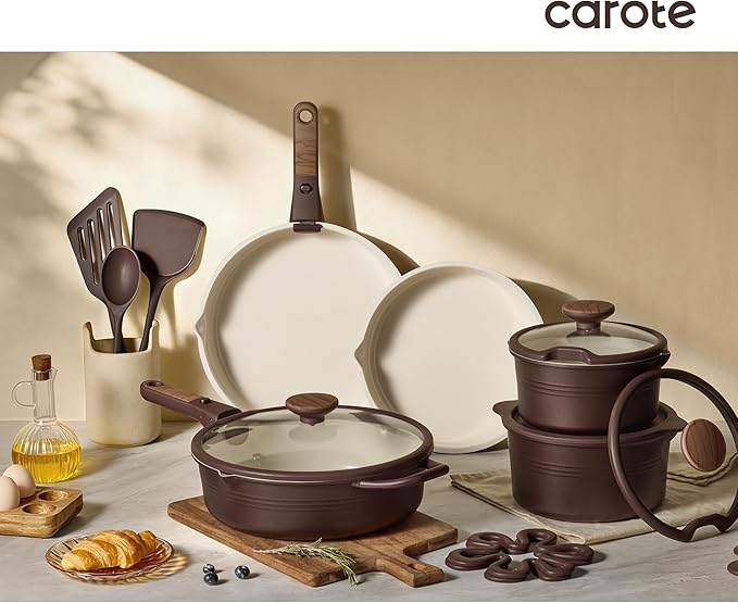 CAROTE 22Pcs Titanium Cookware Set Pots and Pans Set Non Stick Kitchen Cooking Set with Detachable Handle Non Toxic Induction Cookware Dishwasher/Oven Safe Browm