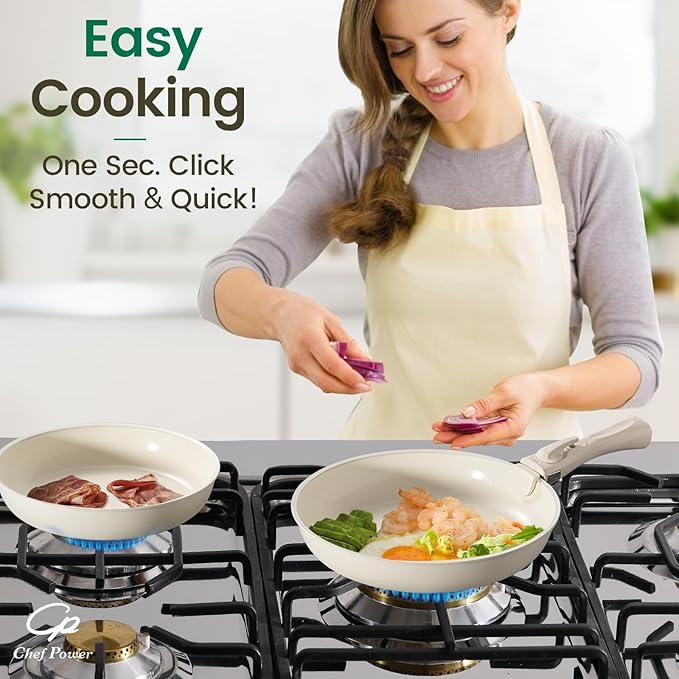 Chef Power Ceramic Cookware Set Non Toxic with Detachable Handles Healthy Nonstick Pans and Pots Set 19 Pcs Induction Dishwasher Oven Safe Kitchen Set PFAS PFOA &amp PTFE Free Cream White