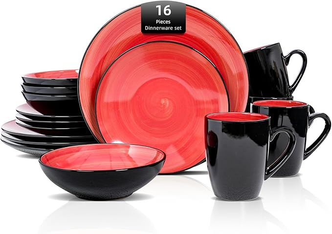 Sonoma 16 Piece Stoneware Dinner Set Red Outside Black + Inside Handpainted Color Red with speckle