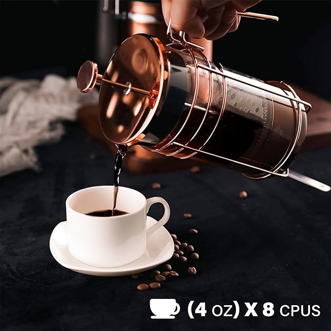 French Press 34 Ounce (1000ml) Coffee Maker Glass Rose Gold Coffee Press Heat Resistant Borosilicate Glass Tea Maker and 3 layers Filter Coffee Pot for Camping Travel Gifts
