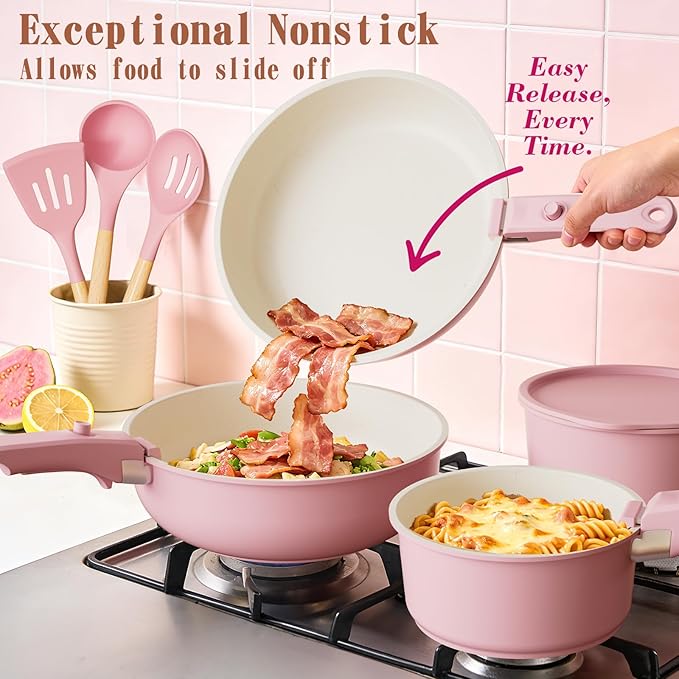 Umite Chef Pots and Pans Set Non Stick 21 pcs Nonstick Ceramic Cookware Set RV Kitchen Cooking Set with Detachable Handles Oven Safe Induction Cookware Stackable Pink PFAS PFOA &amp PTFE Free