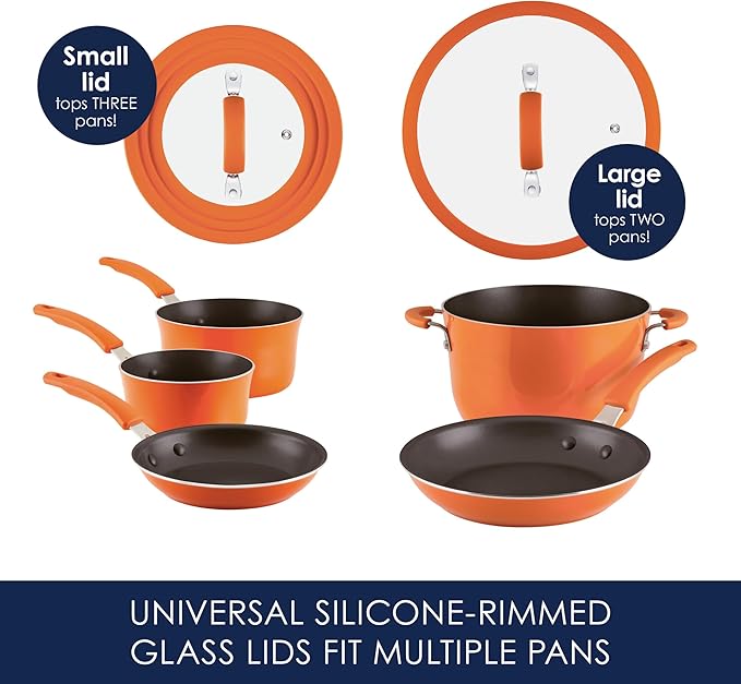 Rachael Ray Cook + Create Nonstick Pots and Pans Set with Universal Space-Saving Lids Baking Pan/Cookie Sheet and Kitchen Cooking Tools Cookware Set 11 Piece - Orange