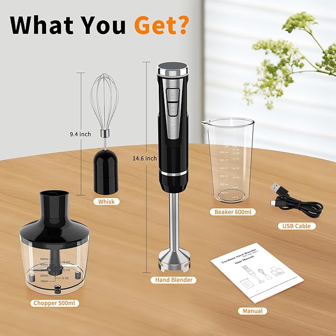 Cordless Immersion Blender Handheld 4-in-1 Cordless Hand Blender with 500ml Chopper 600ml Beaker &amp Egg Whisk 8 Speeds USB Rechargeable Handheld Blender Cordless – Smoothies Baby Food (Black)