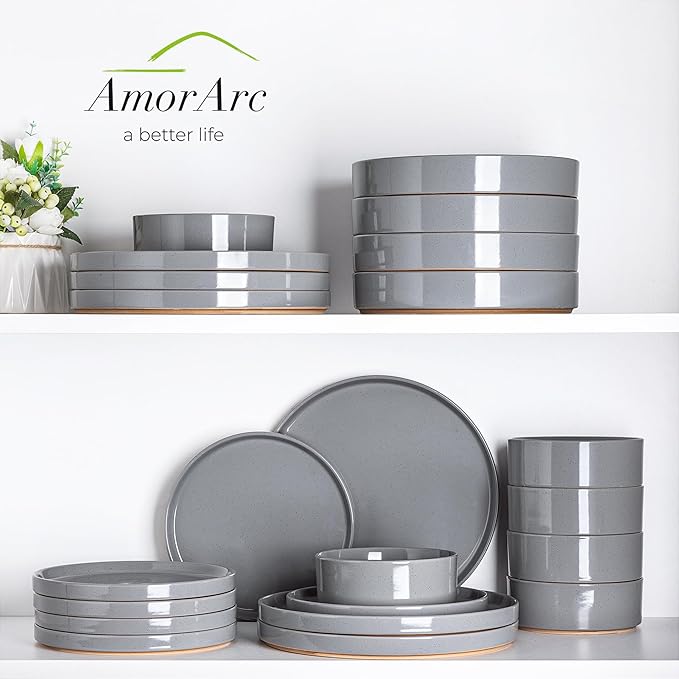AmorArc Ceramic Dinnerware Set for 8 | Speckled Stoneware Plates and Bowls with Rustic Terracotta Underside| Scratch ResistantDishwasher &amp Microwave Safe Dishes Sets- 24pcs Gray