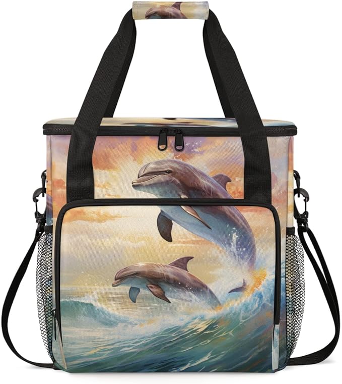 Sunset Dolphin Coffee Maker Carrying Bag Cute Dolphin Travel Storage Bag Compatible with K-Mini or K-Mini Plus Single Serve Coffee Brewer Carrying Case with Multiple Pockets &amp Shoulder Strap