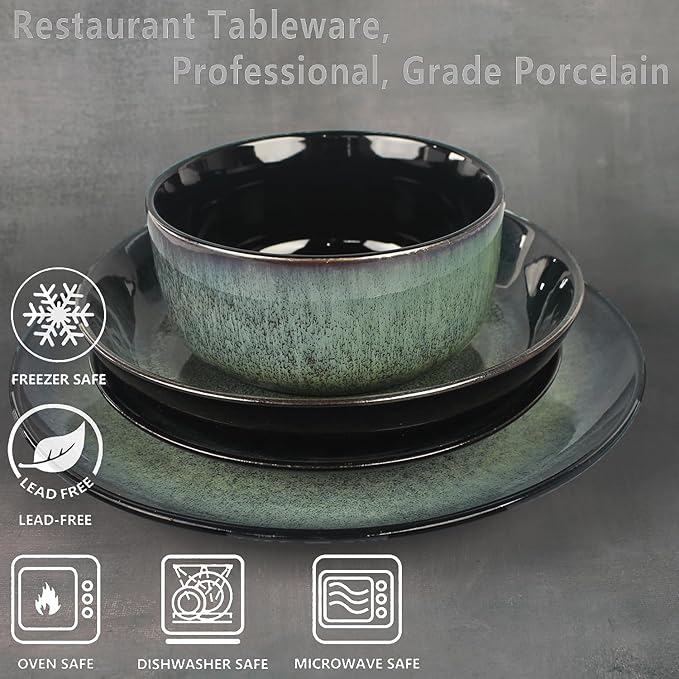 Dinnerware Sets(16Pcs) Serves for 4 Reactive Glaze Tableware Set with 7.9/8.3/10.6Plates and 5.5bowl Modern kitchen tableware Scratch resistant Microwave Dishwasher safe Set No.1
