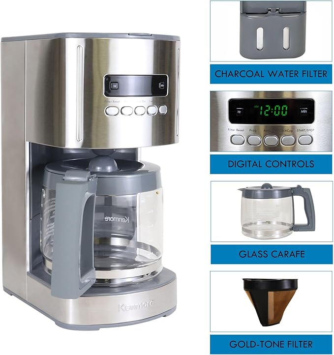 Koolatron Kenmore Elite Drip Coffee Maker - 12-Cup Programmable Coffee Machine With Glass Pot Pause and Pour Auto Shut-Off Large Water Reservoir Reusable Filter Dishwasher Safe Carafe