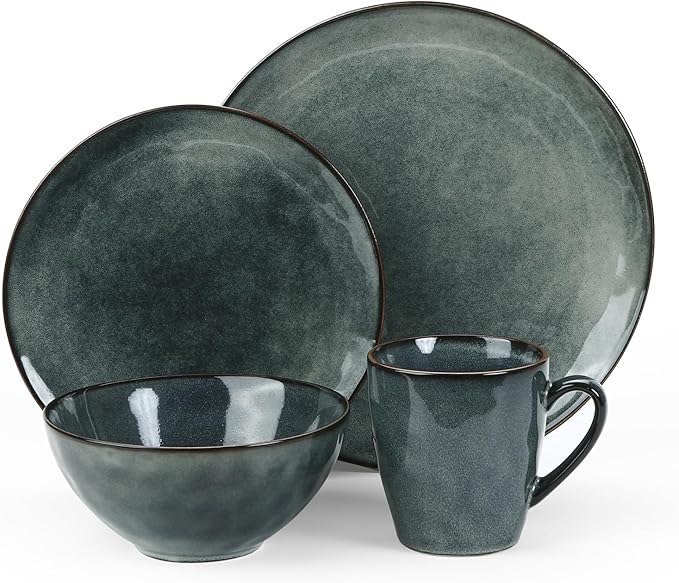 Famiware Ocean Round Plates and Bowls Sets for Kitchen 16-Piece Dinnerware Sets for 4 Mug Set for 4 Reactive Glaze Deep Forest