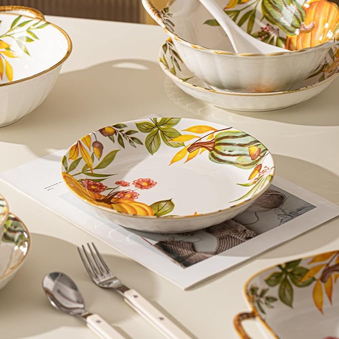 24-piece pumpkin pattern plates and bowls set - microwave and oven safe kitchen plates and bowls set dishware sets for diningfall dinnerware