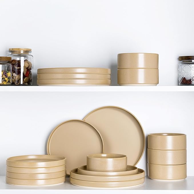 TheTerra Ceramic Dinnerware Sets for 4 12 Pieces Handmade Reactive Glaze Plates and Bowls Set Scratch Resistant Dish Set Oven &amp Microwave &amp Dishwasher Safe Ivory Cream