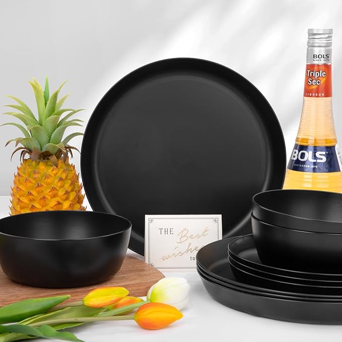 EI 12pcs Wheat Straw Dinnerware Set of 4Plates and Bowls SetsPlastic Plate Reuasble UnbreakableHeavy Duty Plastic Plates for CampingPicnincFamily Dinner