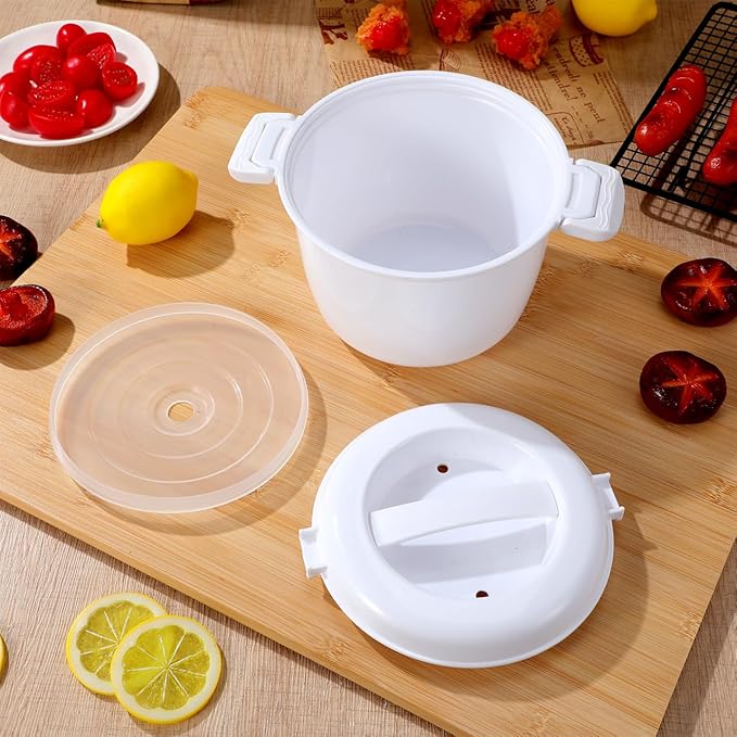 Microwave Rice Cooker Steamer Round Microwave Food Container for Vegetables Safe as Mixing and Serving Bowls Micro Rice Pasta Cooker - Dishwasher Safe | 1.8 Liter/7.5 Cup