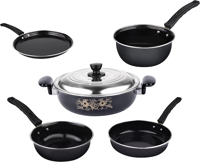 Kashvi Premium 6-Piece Non-Stick cookware Set for Daily Home Cooking Includes Fry pan Saucepan kadai with lid Small tadka tawa Kitchen Utensils.