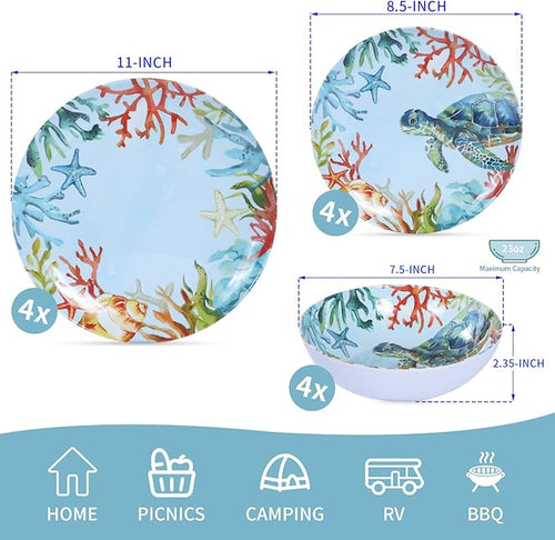 12-Piece Melamine Turtle Dinnerware Set &amp Service platter Unbreakable Lightweight Tableware Set - Turtle
